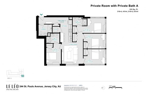 A floor plan of a private room with a private bathroom is shown.